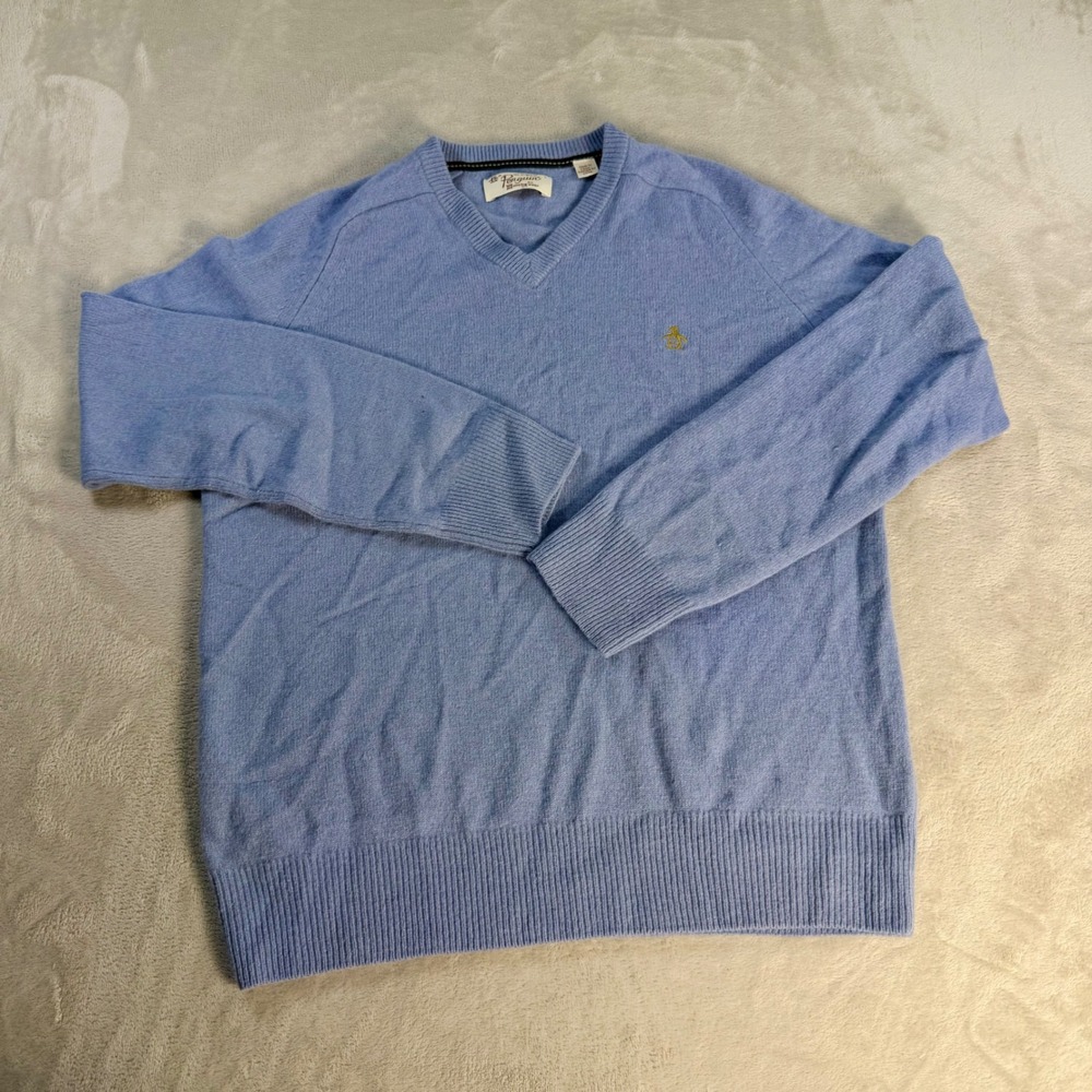Original Penguin V-Neck Sweater Mens L Blue Lambswool Knit Pullover Logo
